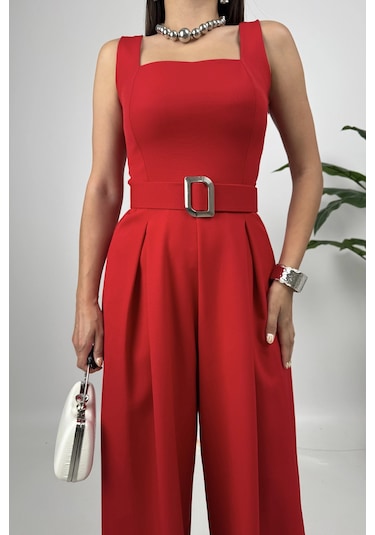 Noir Flow Kadın Kırmızı Kemerli Askılı Bol Paça Tulum Zarif Şıklık Kırmızı