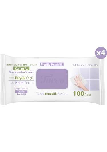 Baby Turco Doğadan Pratik Yüzey Temizlik Havlusu Lavanta 4 x 100 (400 Yaprak)