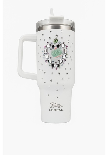 Pipetli 1,2 Litre Kulplu Çelik Termos Renkli Üzeri Taş İşlemeli - Beyaz Beyaz