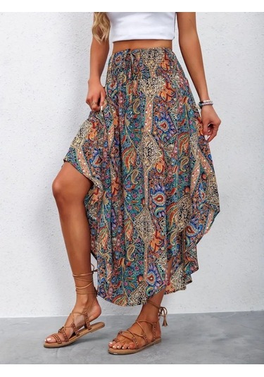 Kadın Beli Lastikli Bağcıklı Asimetrik Kesim Detaylı Desenli Bürümcük Etek Desenli