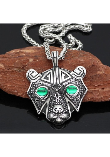 Antik Gümüş & Yeşil Titanyum Çelik Ayı Kafa Kolye Kolye Moda Aksesuarları Erkek Kazak Kolye Metal Chain Çok Renkli