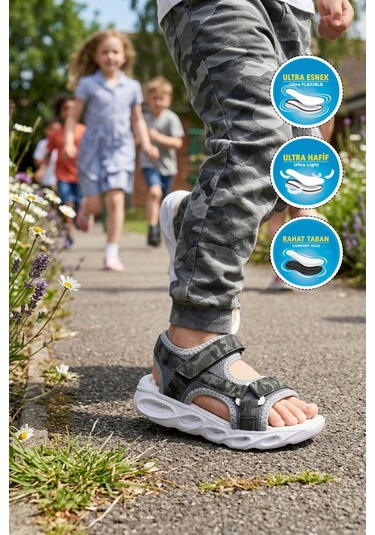 Cool Siyah Cırtlı Işıklı Hafif Unisex Çocuk Sandalet Sage F