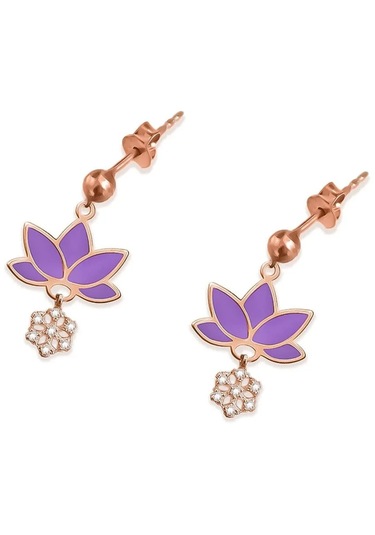 925 Ayar Gümüş Rose Kaplama Parlayan Rüya Serisi Tasarım Ebruli Cam Boyalı Mor Lotus, Kartanesi Küpe