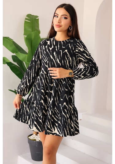 Kadın Zebra Siyah Krem Desenli Uzun Kollu Mini Elbise - Kadın Elbise Siyah
