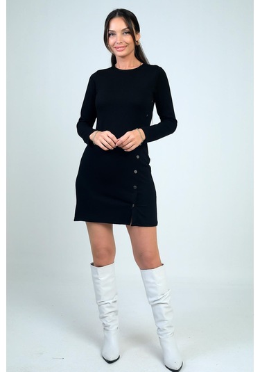 Kadın Çıtçıtlı Kısa Elbise-41794 Siyah