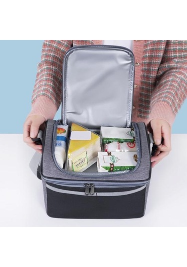 Yalıtımlı Öğle Yemeği Çantası Çift Katlı Öğle Yemeği Tote Büyük Sızdırmaz Genişletilebilir Öğle Yemeği Kutusu Siyah