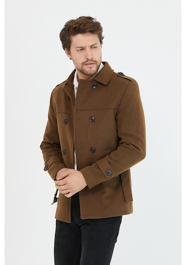 Mero Life Erkek Taba Kemerli Kaşe Kaban Trenç Model Taba