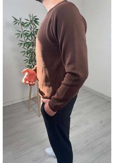 Explode - Erkek Kahve Bisiklet Yaka Slim Kazak Kahverengi