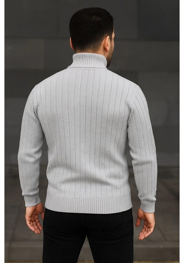 Balıkcı Yaka Bağazlı Triko Kazak Pamuklu Kalın Fitilli Dokuma, - Gri Gri