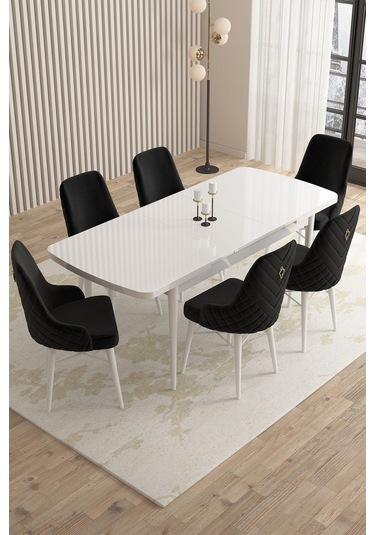 Mazaka Beyaz 80x132 Açılabilir Mdf Masa Yemek Odası Takımı, Mutfak Takımı 6 Adet Sandalye Siyah
