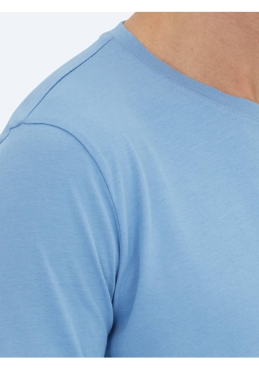 Mavi Düz Bisiklet Yaka %100 Pamuk T-shirt Mavi