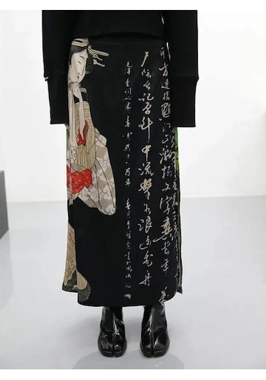 Batik Siyah Baskı Etekler Bayan A-line Bölünmüş Uzun Etek Harajuku Japon Sokak Şıklığı Gotik Faldas Largas Mujer 2024 Fairycore Siyah