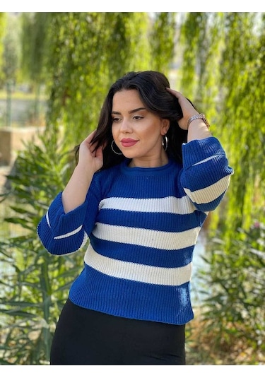 Kozia Outdoors Selanik Örgü Çizgili Triko Kazak Havacı Mavi