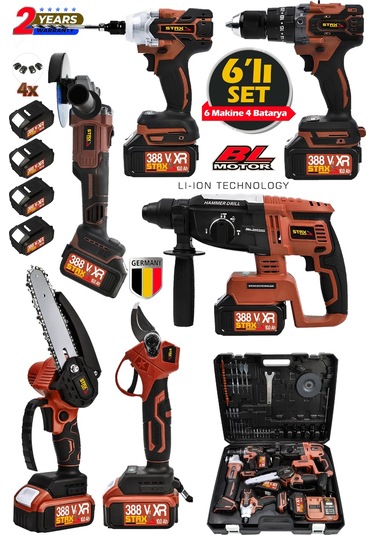 Staxx ST3890 10 Pilli X4 Akü 388VF Kırıcı Delici + Taşlama + Somun Sökme + Dal Budama Matkap Seti