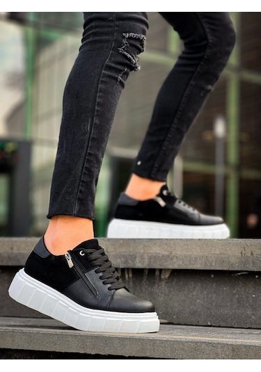 Kb-x155 Kuback Siyah Cilt Siyah Süet Detaylı Beyaz Yüksek Taban Günlük Spor Ayakkabı Siyah2 Siyah