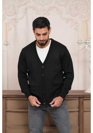 Woolen World Regular Fit V Yaka Ön Cepli Desenli Triko Hırka Siyah