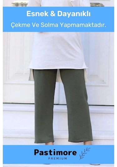 Terletmez Rahat Kalıp Beli Lastikli Bol Paça Salaş Yazlık Kadın Haki Aerobin Pantolon Haki