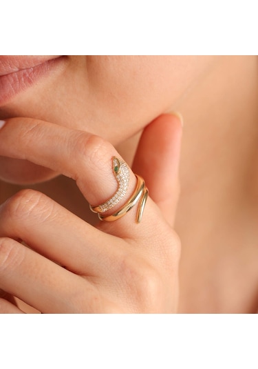 14 Ayar Altın Yılan Yüzük Emerald T11138 Renkli