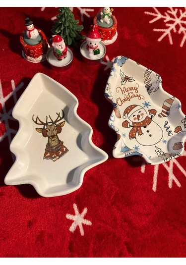 Yılbaşı Temalı 2'li Ağaç Tasarımlı Desenli Seramik Sunum Servis Tabağı 17x12 Cm Geyikli Ve Kardan Adamlı