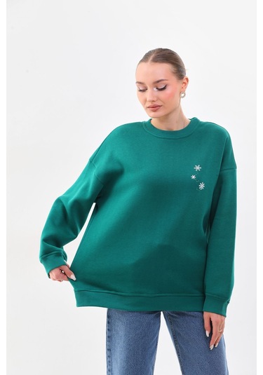 Kallima Oversize Baskılı İçi Polarlı Yeşil Kadın Sweatshirt Yeşil