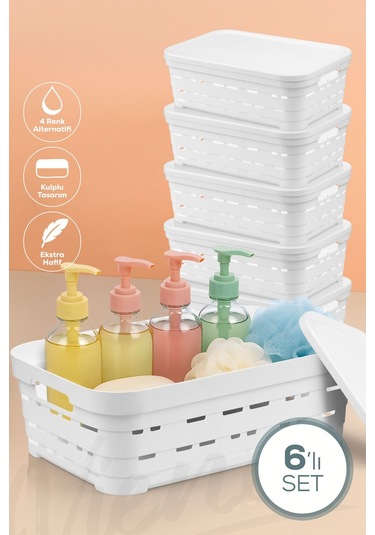 Vienev 6'lı Kapaklı 8,2 Litre Delikli Saklama Kutusu Beyaz Beyaz