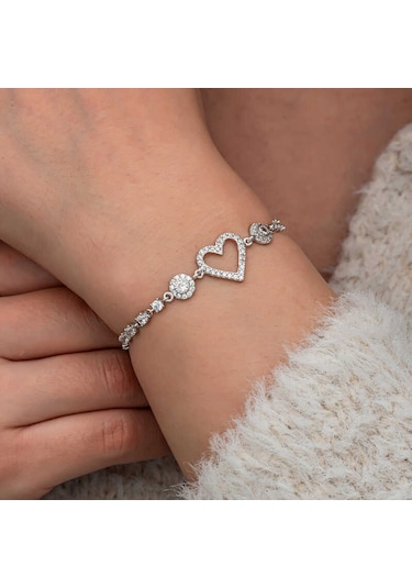 Artsmagazinmücevher Gümüş Zirkon Taşlı Kalpli Kadın Bileklik