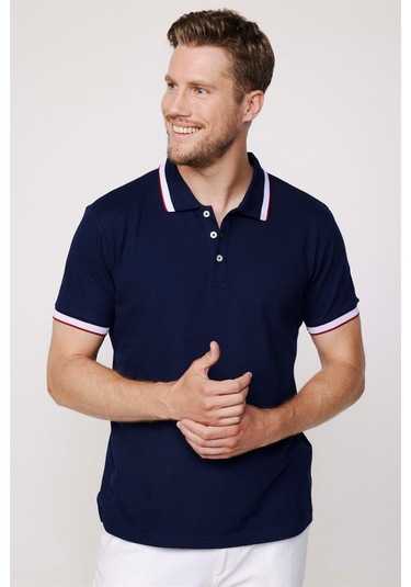 Erkek Slim Fit Dar Kesim %100 Pamuk Düz Pike Kol Şeritli Lacivert Polo Yaka Tişört-27689 Lacivert