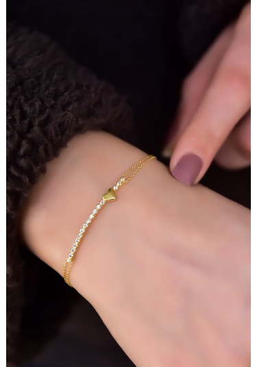 925 Ayar Gümüş Gold Kaplama Sıralı Zirkon Tektaş , Kalp Bileklik