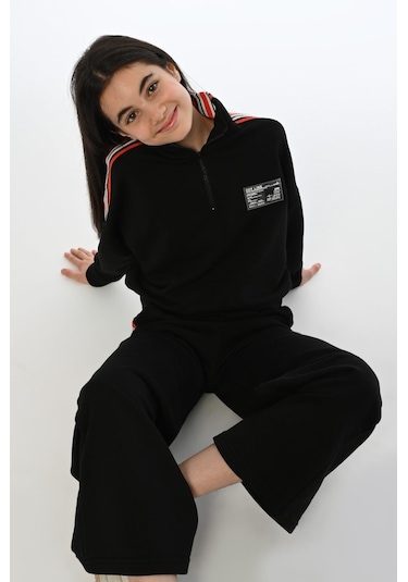 Kız Çocuk Yarım Fermuarlı Kolları Şeritli Dik Yaka Sweatshirt-13399-siyah Siyah