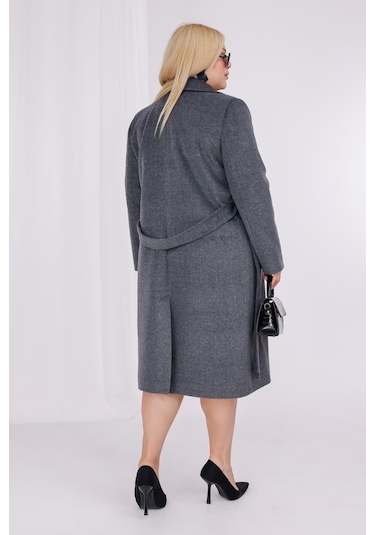 Kadın Gri Yün Kaşe Kemer Ve Astar Detay Büyük Beden Kaban Gri
