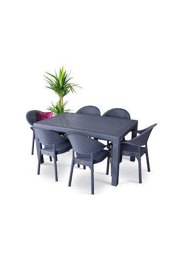 Bambu Antrasit 90x150 Cm Camsız Rattan Bahçe Balkon Masa Takımı Antrasit