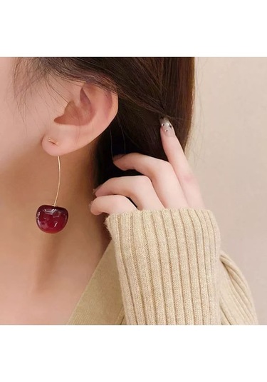 Altın Kaplama Kiraz Cherry Küpe Kırmız - Altın