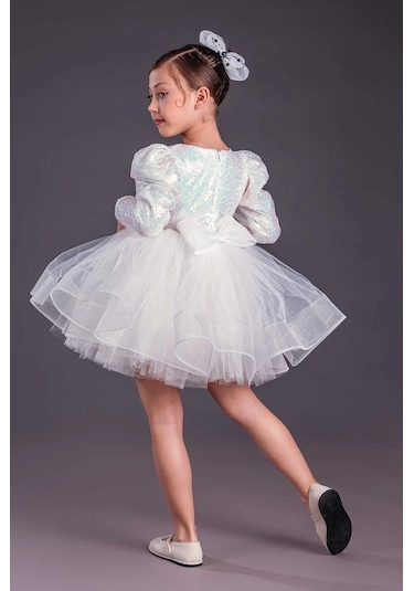 Uzun Kol Balerin Elbise Tütü Etek Pul Payetli Beyaz