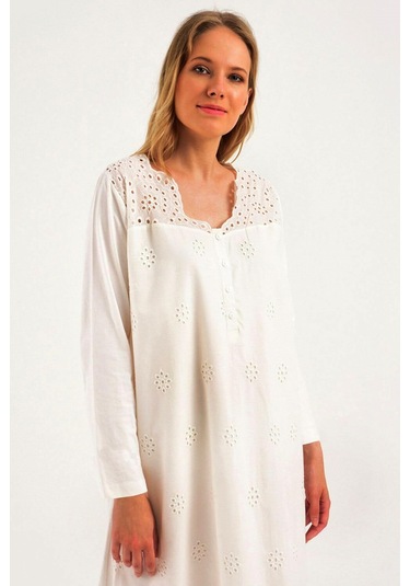 Kadın Ekru Lohusa Pamuklu Tesettür Gecelik 38110