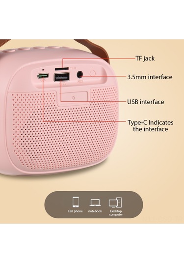 Samdoo K30 Pembe Bluetooth 5.0 Hoparlör, Dış Mekan Taşınabilir, İki Mikrofonlu Karaoke, Renkli Ambiyans Lambası, 6w Ses Gücü