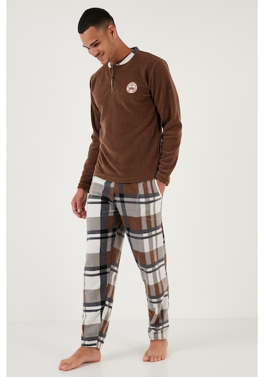 Buratti Regular Fit Bisiklet Yaka Kışlık Yumuşak Dokulu Polar Erkek Pijama Takımı 6096100 Camel