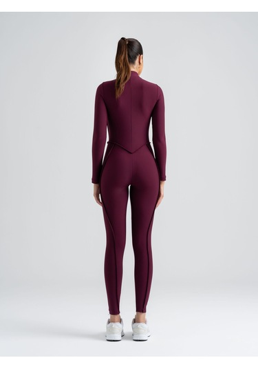 Dikişle Modellenmiş Spor Tayt Tulum Mürdüm