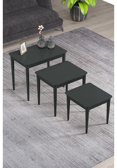 Elegance Antrasit Mdf Lake Boyalı Tabla Gürgen Ayak 3 Lü Zigon Sehpa Takımı Çay Sehpası Servis Sehpa Antrasit