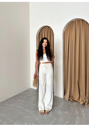 Ekru %100 Keten Palazzo Pantolon Ekru