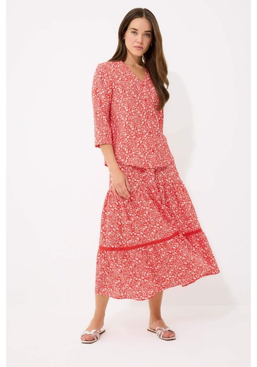 DeFacto Regular Fit Çiçek Desenli Esnek Belli Kiloş Midi Etek E5958AX25SPRD87