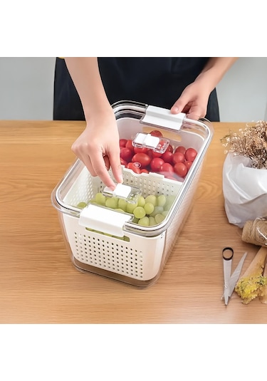 Vinoa 2,5 Litre Süzgeçli Buzdolabı Düzenleyici Organizer + Saklama Kabı Beyaz