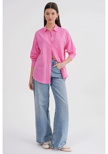 Mixray 4670 Kadın Cepli Oversize Basic Keten Gömlek Pembe