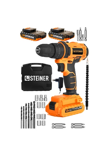 Steiner 58 V 5 Ah Darbesiz Metal Şanzıman Çift Lithium Akü Şarjlı Vidalama Matkap + 24 Parça Set