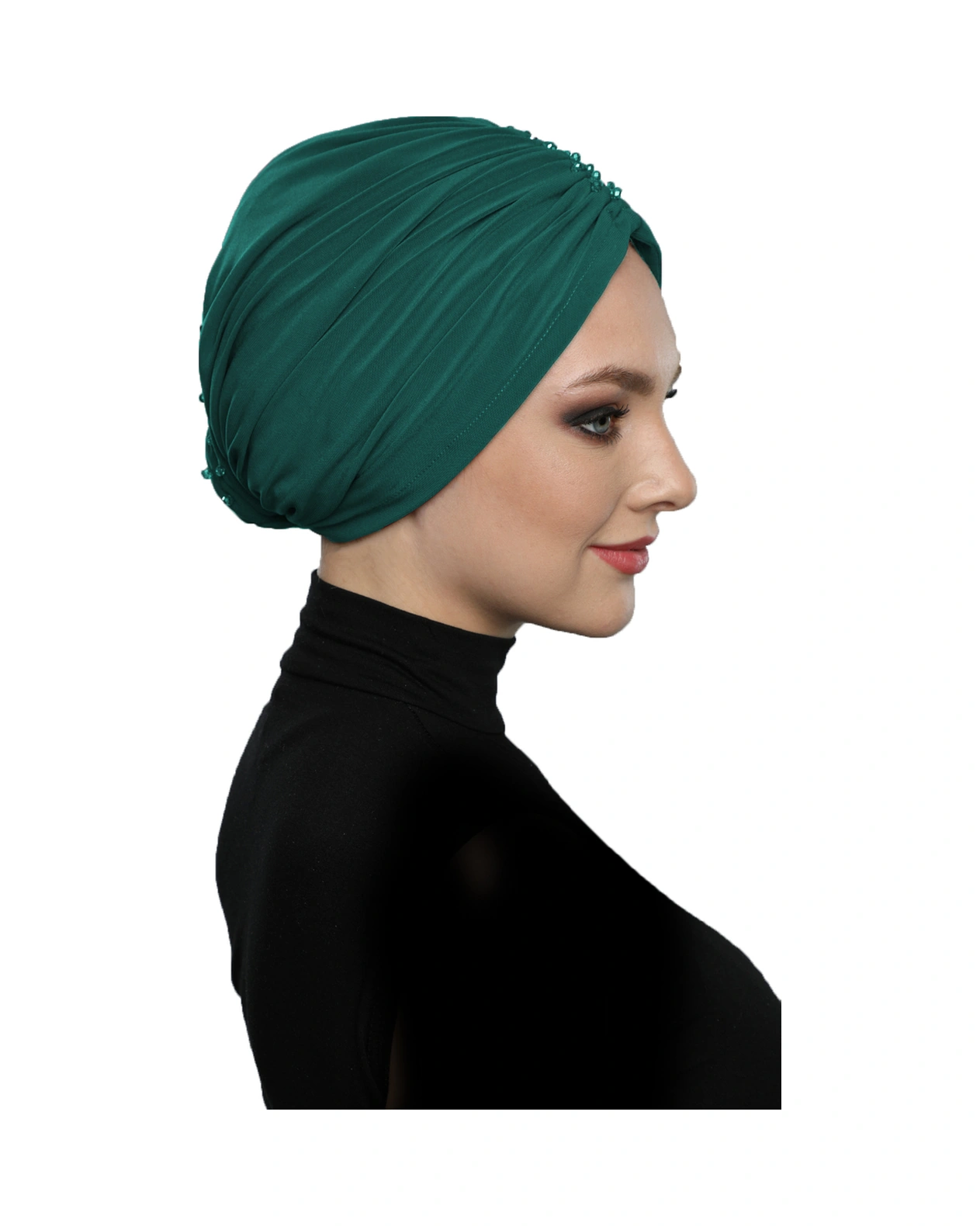 Kristal Yelpaze Taş Işlemeli Çift Taraflı Astarlı Yeşil Hazır Türban Tesettür Abiye Bone Yeşil