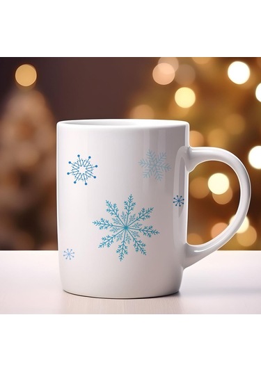 Mavi Kar Taneleri Temalı Sevimli Özel Tasarım Hediye Kupa Beyaz