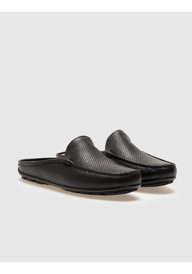 Cabani Hakiki Deri Siyah Lazer İşlemeli Erkek Günlük Terlik Siyah