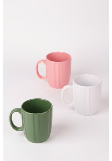 Rüzgar Seramik Kupa 3'lü Set Pembe Yeşil Beyaz Kahve Çay Kupası 300 Ml 10 Cm Renkli