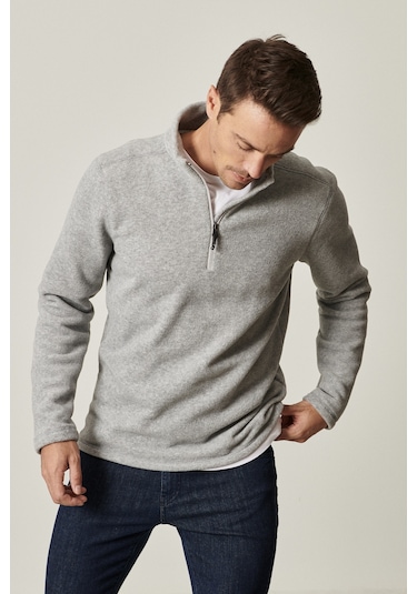 AC&Co / Altınyıldız Classics  Erkek Grı Anti-pilling Tüylenme Yapmayan Standart Fit Dik Yaka Polar Sweatshirt Grı Gri
