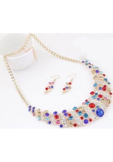 Dancemonkey Zincir Takı Seti Şampanya Rhinestone Parti Küpe Kolye Kanca Kakma Gelin Düğün Lo Çok Renkli