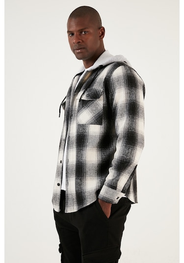 Buratti Ekoseli Çift Cepli Kapüşonlu Oduncu Erkek Gömlek Cf22W2650 Siyah